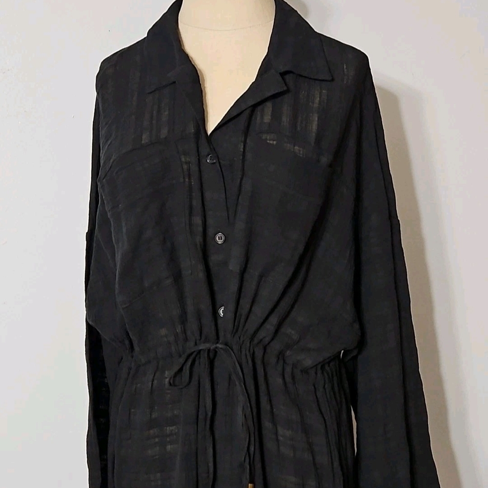 Anne Cole Women's Cotton Tie Waist Cover-up‎ Shirtdress In Moonless Night Black - Picture 4 of 8